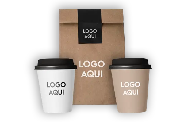 Logos de envases biodegrables personalizados, como bowls bambu, vasos para bebidas frias y calientes biodegrables, bolsas kraft entre otros