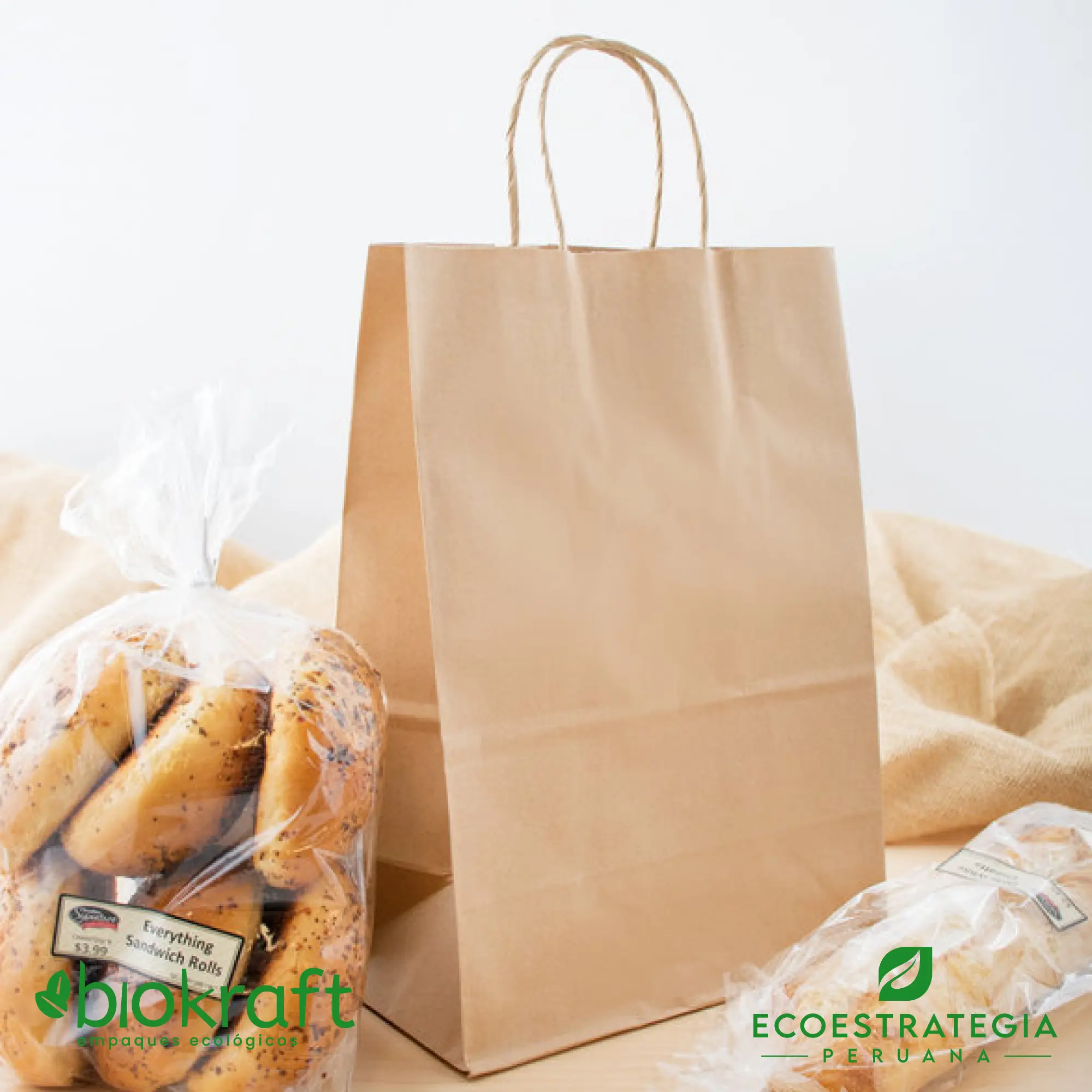 Bolsa biodegradable de papel kraft con asa twist número 18 Esta bolsa de papel Kraft tiene un grosor de 125gr y un peso de 80gr. Bolsas biodegradables y ecológicas reutilizables y personalizadas. Ideal para delivery