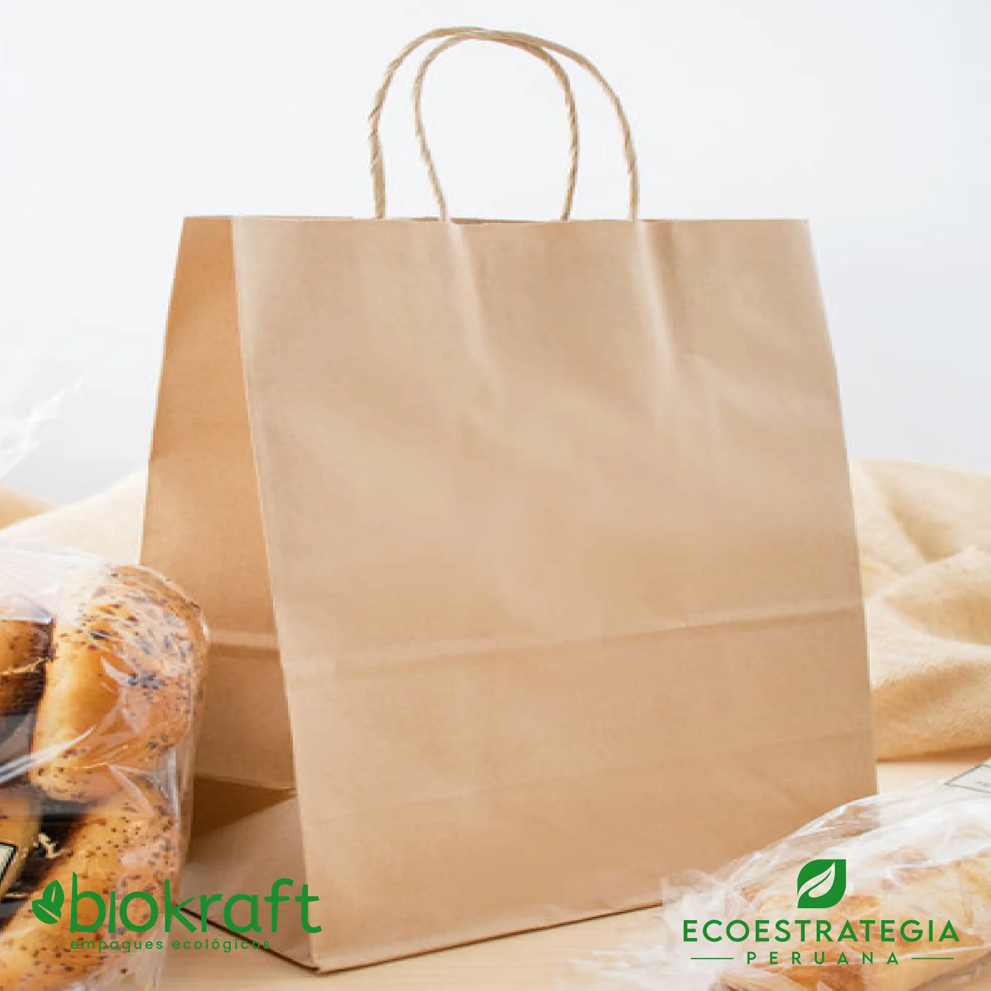 Bolsa biodegradable de papel kraft número 22 con asa twist Esta bolsa de papel Kraft tiene un grosor de 125gr y un peso de 80gr. Bolsas biodegradables y ecologicas reutilizables y personalizadas. Ideal para delivery