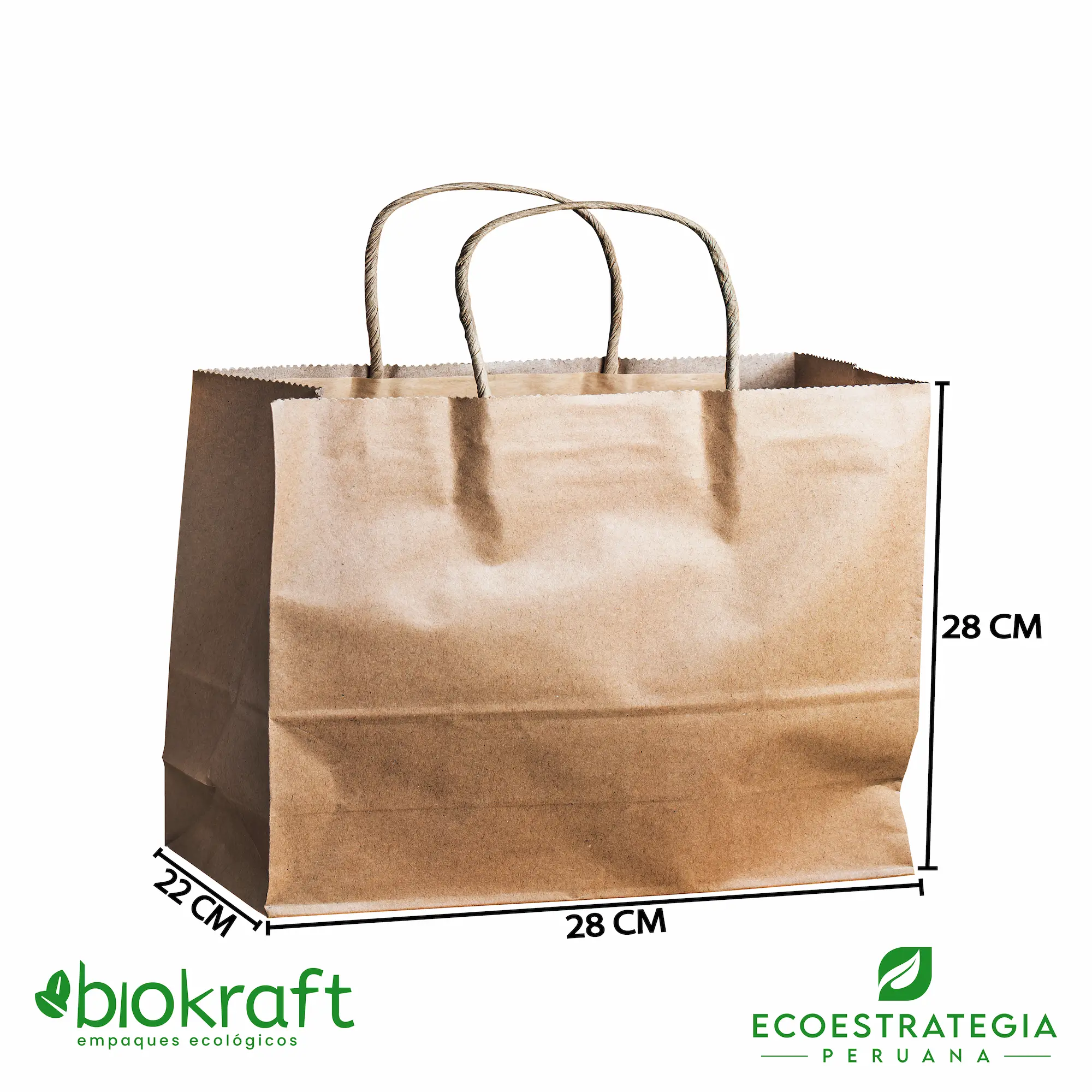 Bolsa biodegradable de papel kraft número 34 con asa twist Esta bolsa de papel Kraft tiene un grosor de 125gr y un peso de 80gr. Bolsas biodegradables y ecologicas reutilizables y personalizadas. Ideal para delivery