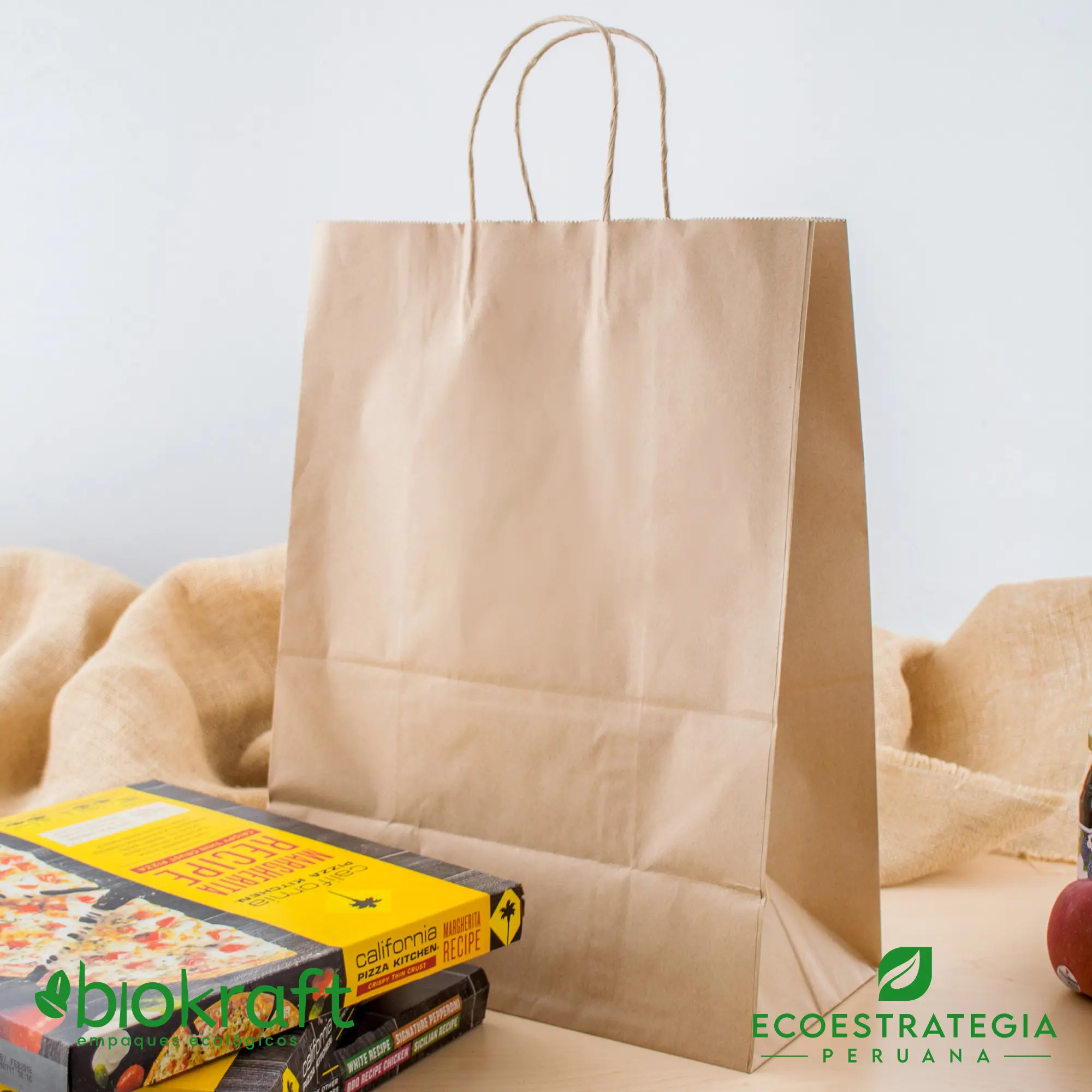 Bolsa biodegradable de papel kraft número 34 con asa twist Esta bolsa de papel Kraft tiene un grosor de 125gr y un peso de 80gr. Bolsas biodegradables y ecologicas reutilizables y personalizadas. Ideal para delivery