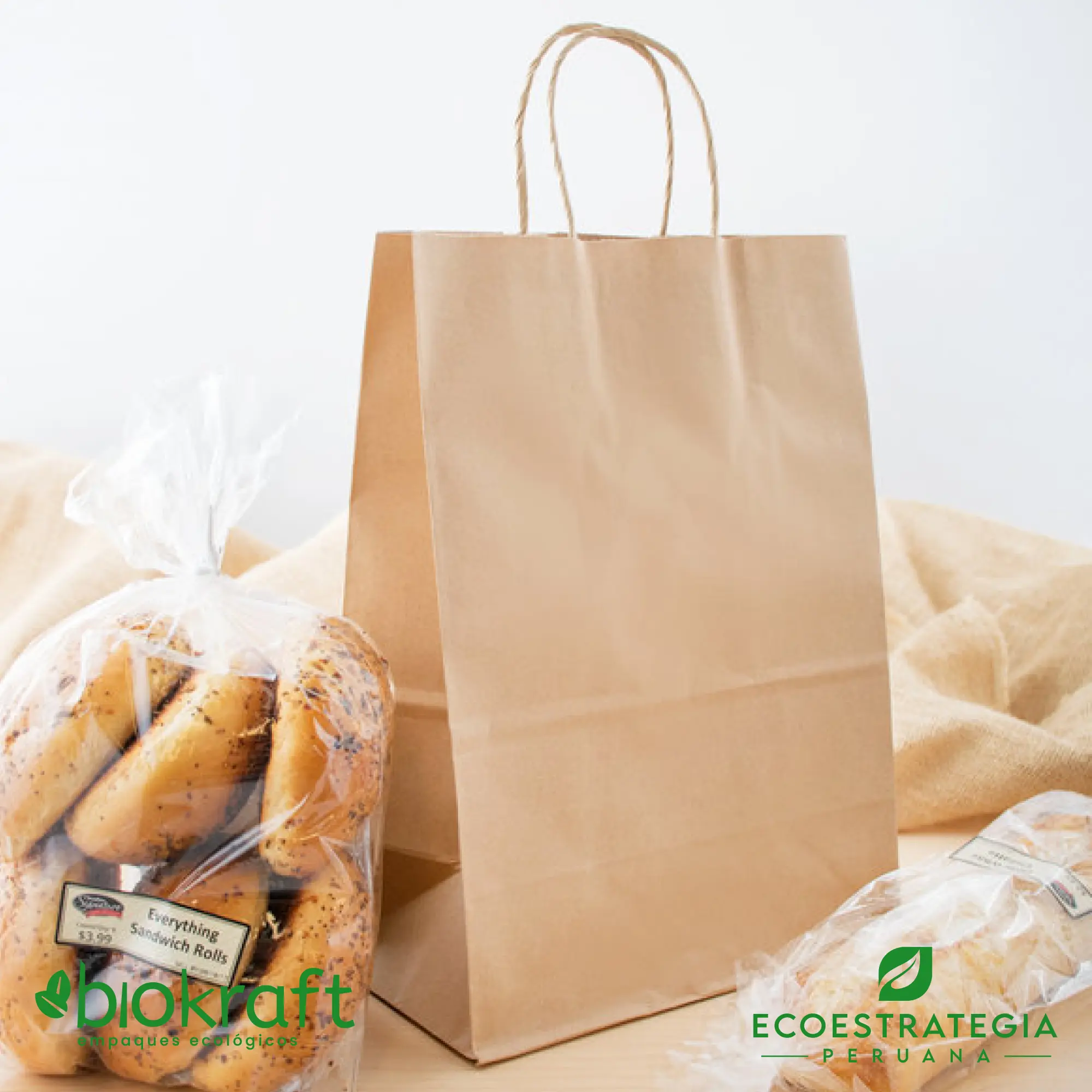 Bolsa biodegradable de papel kraft número 34 con asa twist Esta bolsa de papel Kraft tiene un grosor de 125gr y un peso de 80gr. Bolsas biodegradables y ecologicas reutilizables y personalizadas. Ideal para delivery