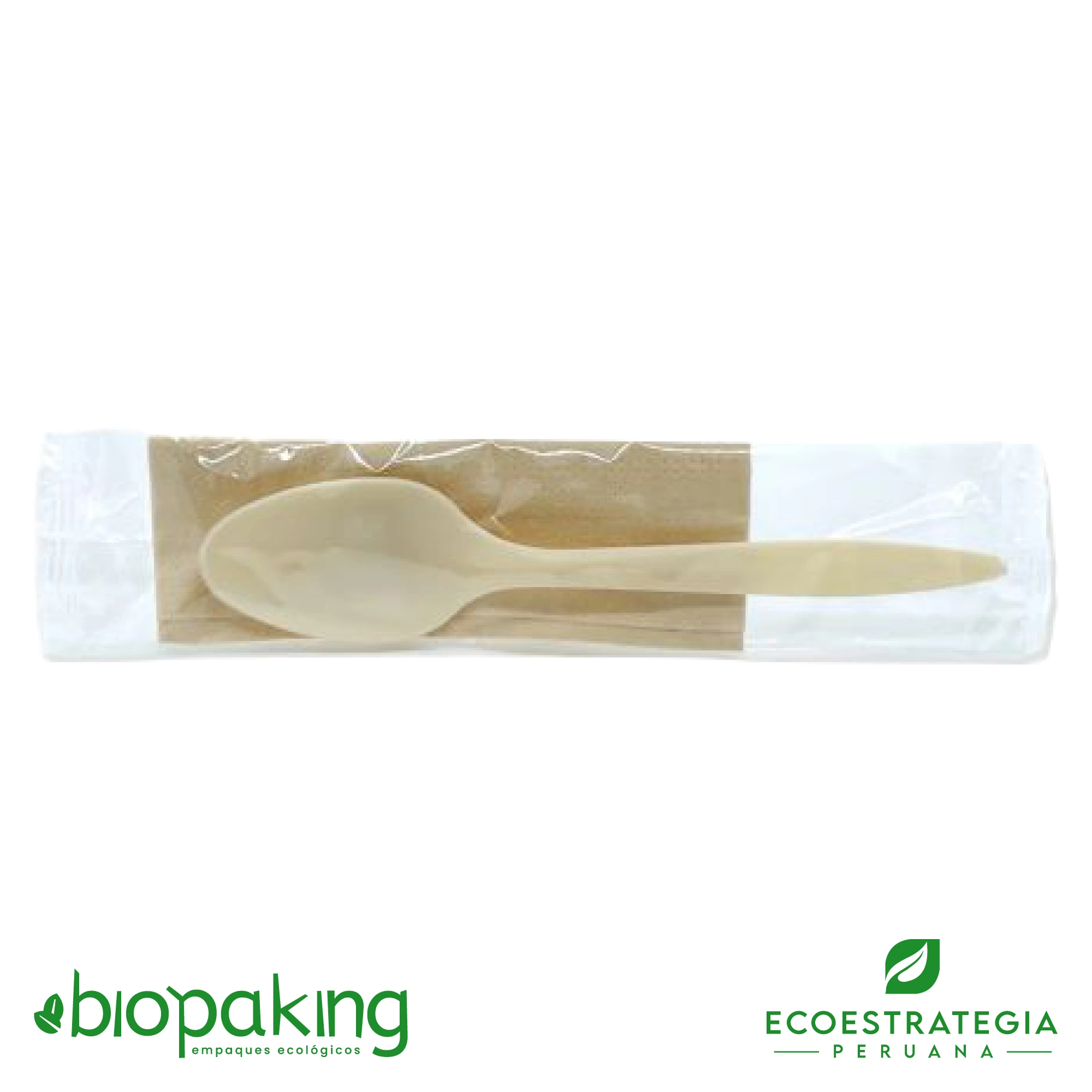 Empaque de cuchara biodegradable fecula de maiz con servilleta, EP-CS. Cotiza ahora tus empaques de cuchara biodegradable más servilleta al mejor precio en Perú.