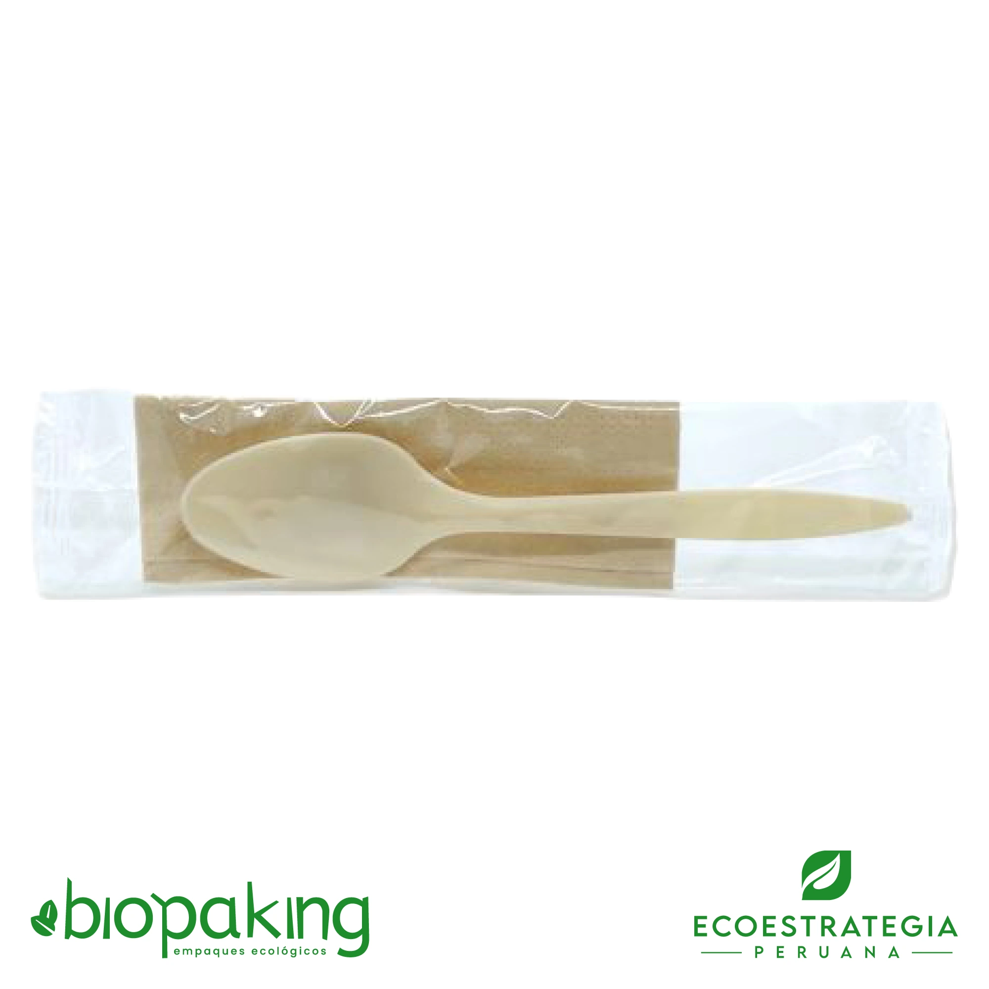 Empaque de cuchara biodegradable fecula de maiz con servilleta, ICB-CS. Cotiza ahora tus empaques de cuchara biodegradable más servilleta al mejor precio en Perú.