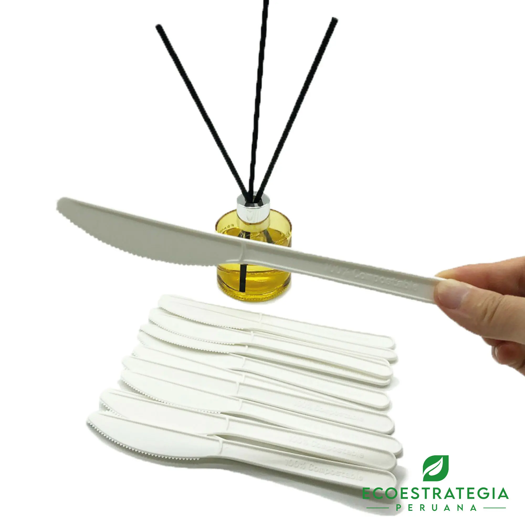 Cuchillo biodegradable de fécula de maíz de 15cm Este cuchillo biodegradable de 15cm esta hecho de fecula de maíz. Cubierto descartable resistente a altas temperaturas, cotiza tenedores y cuchillos ecológicos