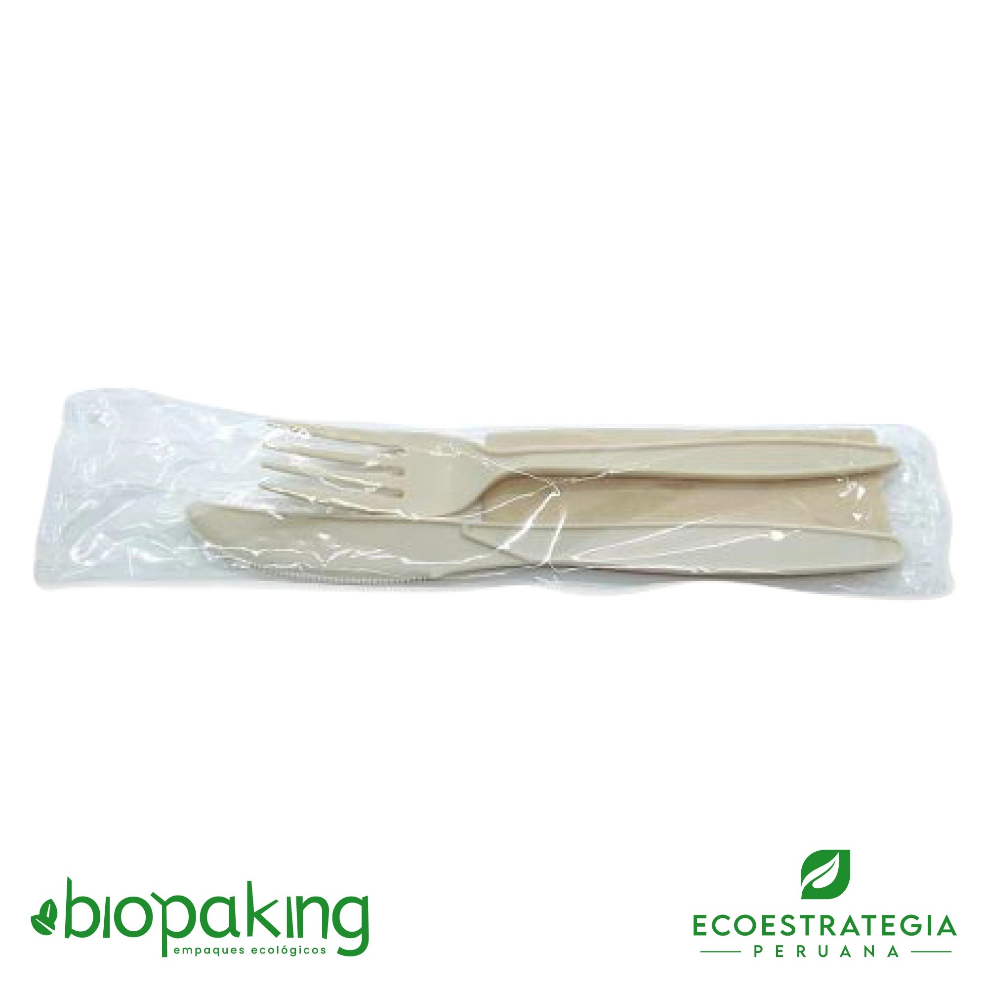 Empaque de tenedor biodegradable de fecula de maiz con servilleta, EP-CS. Cotiza ahora tus empaques de cubiertos biodegradables más servilleta al mejor precio en Perú.