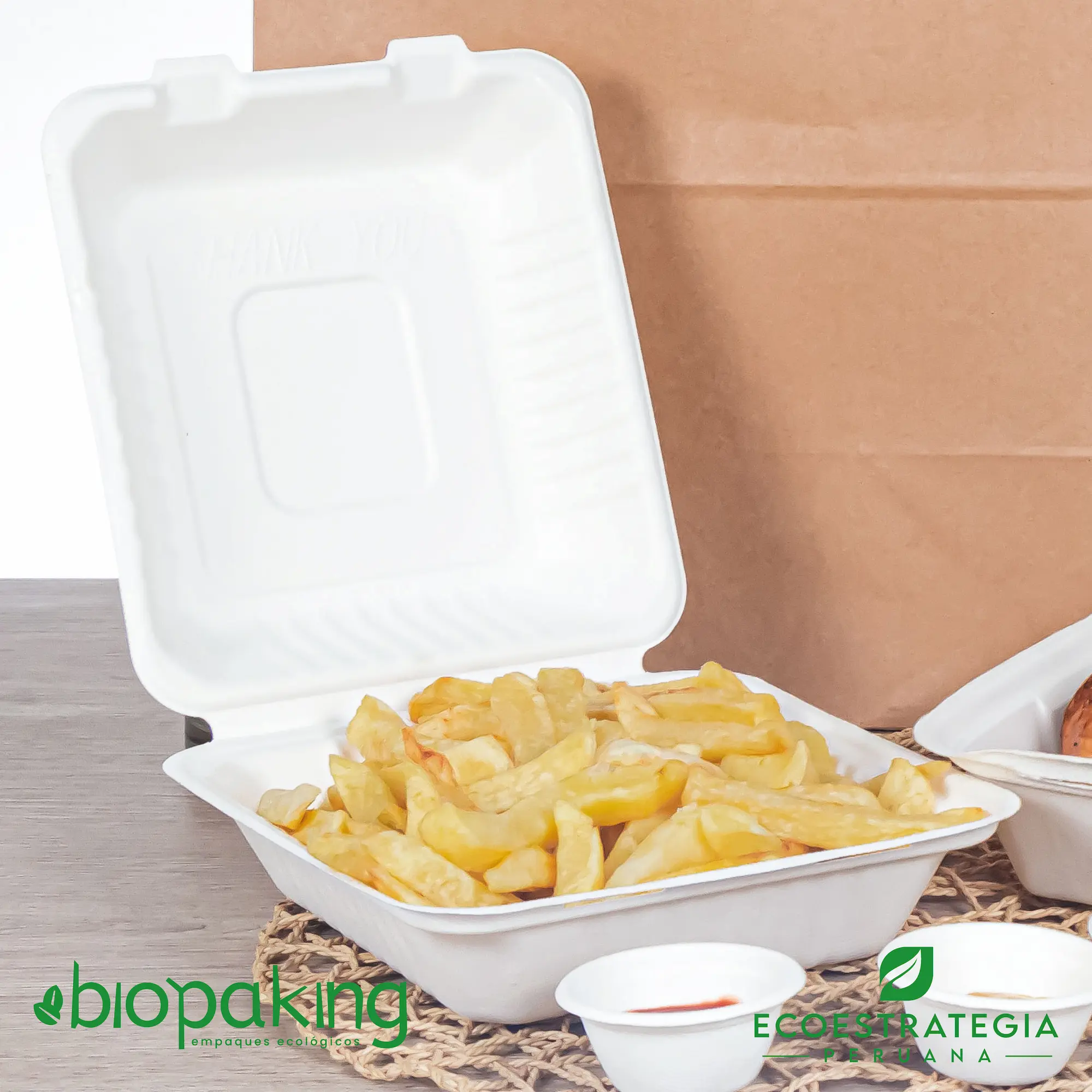 Envase biodegradable fibra de caña CT3 Este envase CT3 tiene una capacidad de 1200ml. Producto de materiales biodegradables, hecho a base de fibra de caña de azúcar, empaques y tapers para comidas
