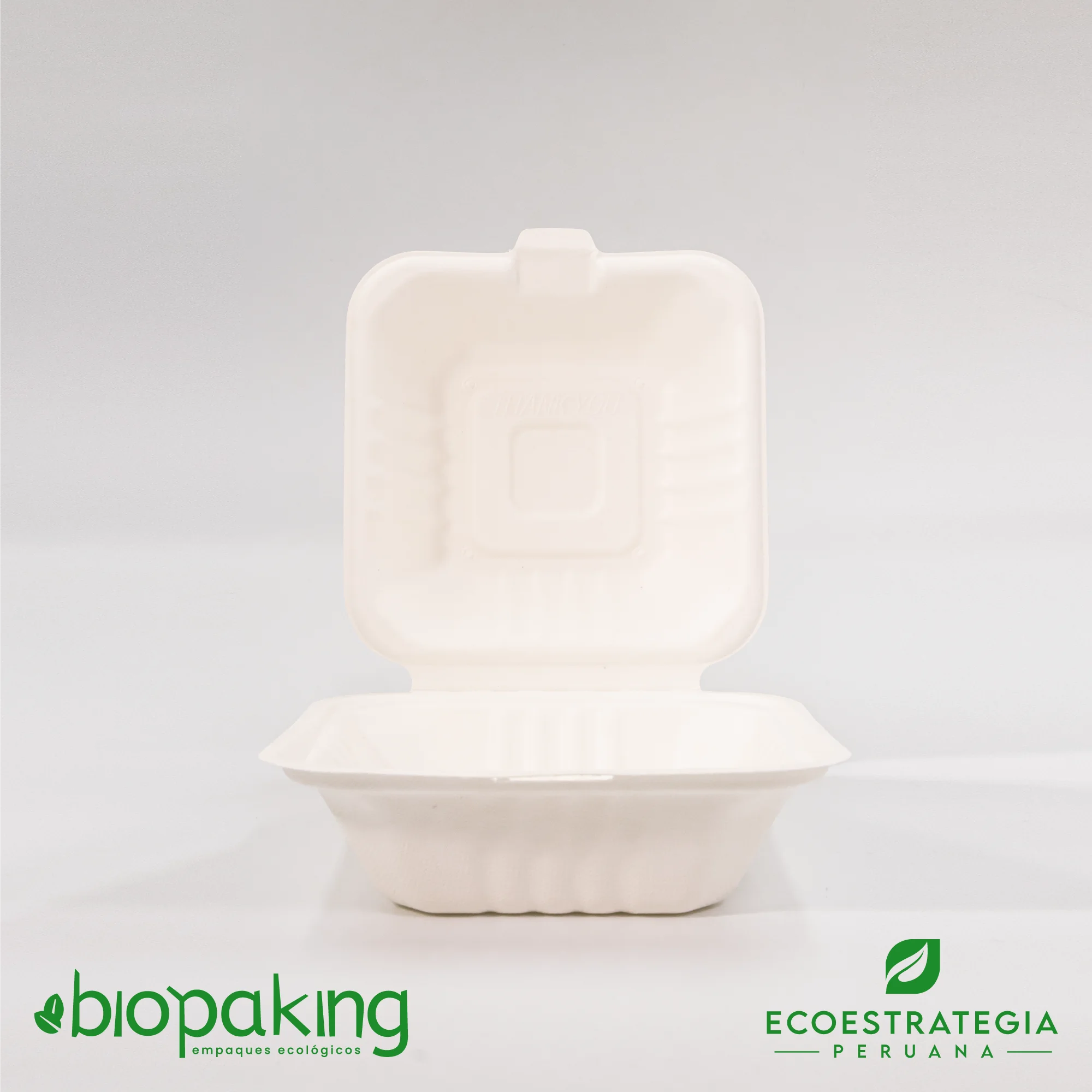 Este envase biodegradable CT4 pequeño tiene una capacidad de 480ml. Táper biodegradable a base del bagazo de fibra de caña de azúcar, empaques de gramaje ideal para comidas frías y calientes