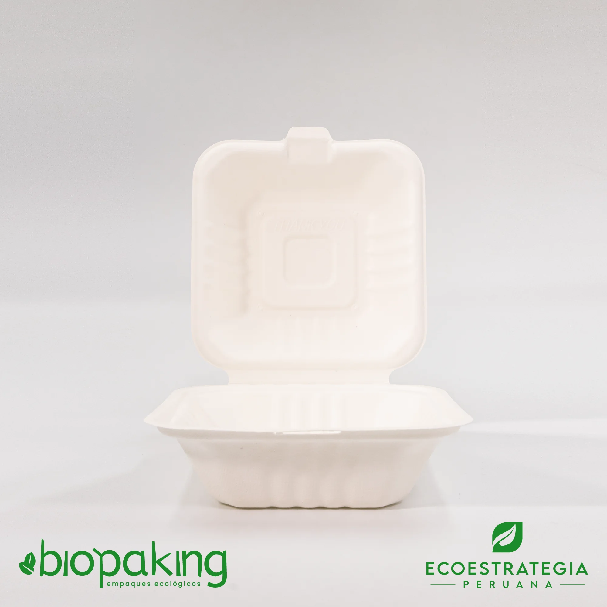 Envase biodegradable fibra de caña CT4 pequeño Este envase CT4 pequeño tiene una capacidad de 480ml. Producto de materiales biodegradables, hecho a base de fibra de caña de azúcar. Cotiza empaques y tapers