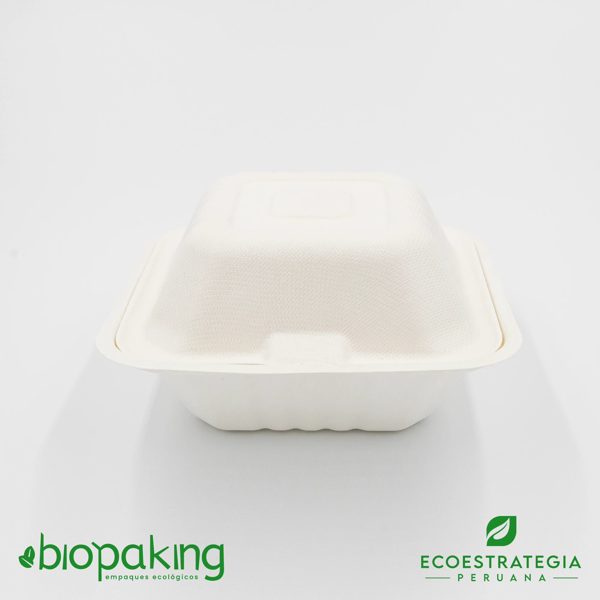 Envase biodegradable fibra de caña CT4 pequeño Este envase CT4 pequeño tiene una capacidad de 480ml. Producto de materiales biodegradables, hecho a base de fibra de caña de azúcar. Cotiza empaques y tapers