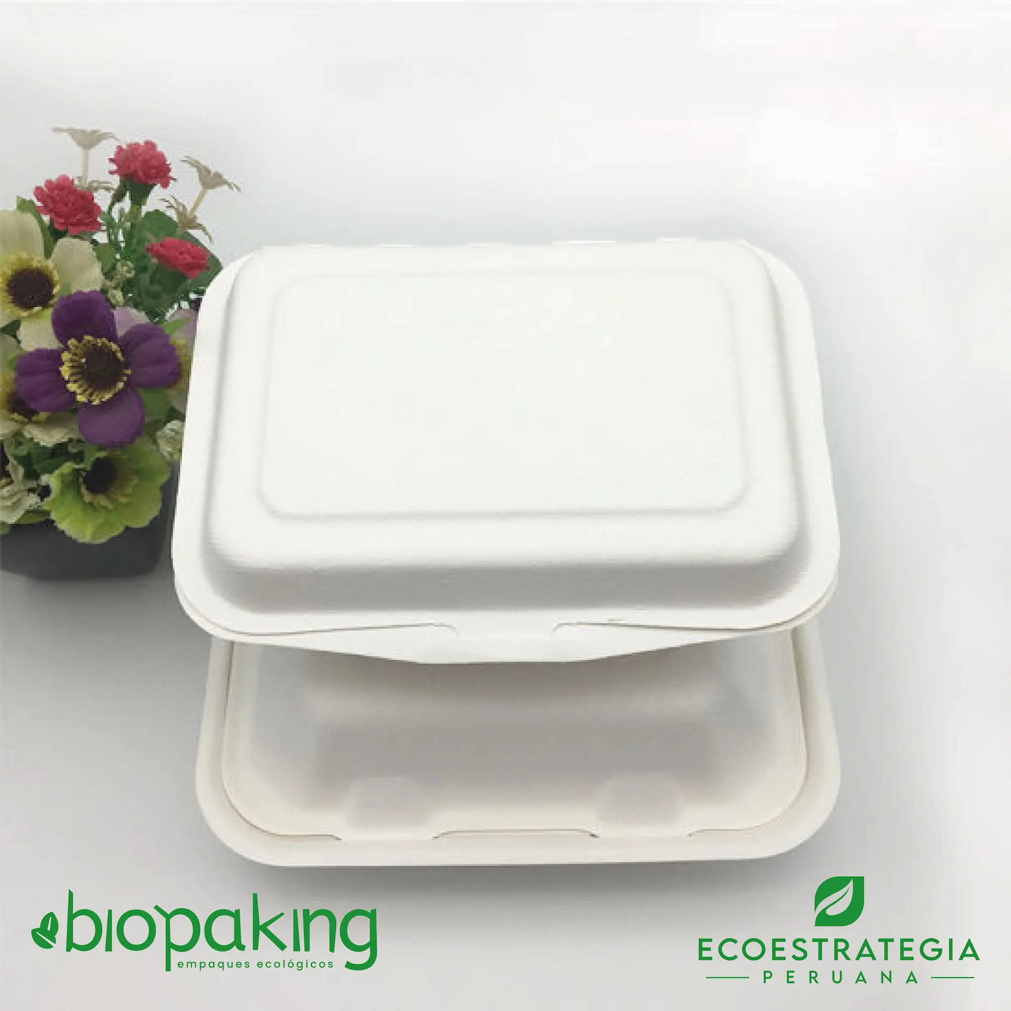 El envase biodegradable CT7 tiene una capacidad de 550ml. Táper biodegradable a base del bagazo de fibra de caña de azúcar, empaques de gramaje ideal para ensaladas y comidas