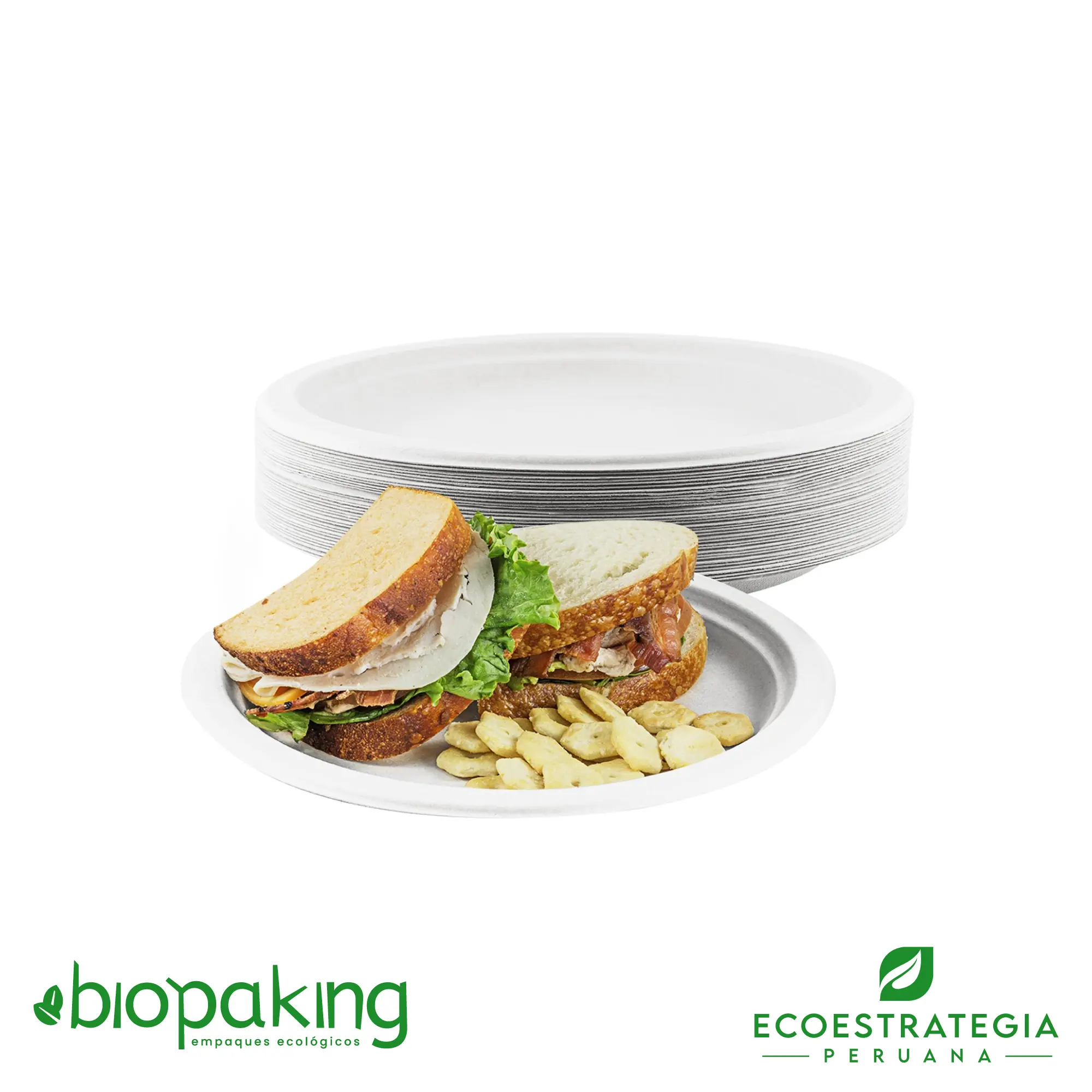 Este plato biodegradable tiene una medida de 15cm. Envase biodegradable a base del bagazo de fibra de caña de azúcar, empaques de gramaje ideal para comidas