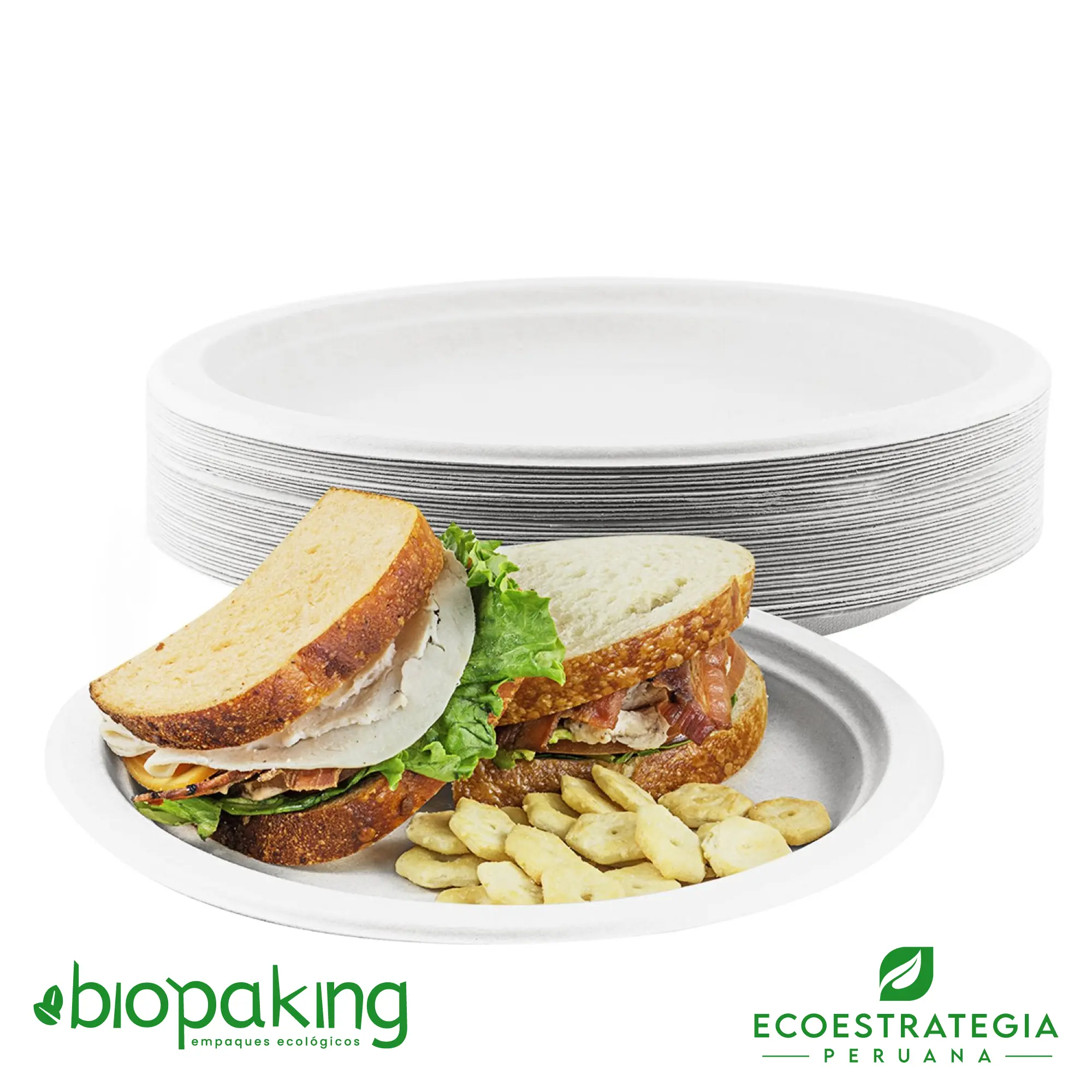 Plato biodegradable fibra de caña 22 cm Este plato de 22 cm, es un producto de materiales biodegradables, hecho a base de fibra de caña de azúcar. Cotiza envases, empaques y tapers bio para comidas