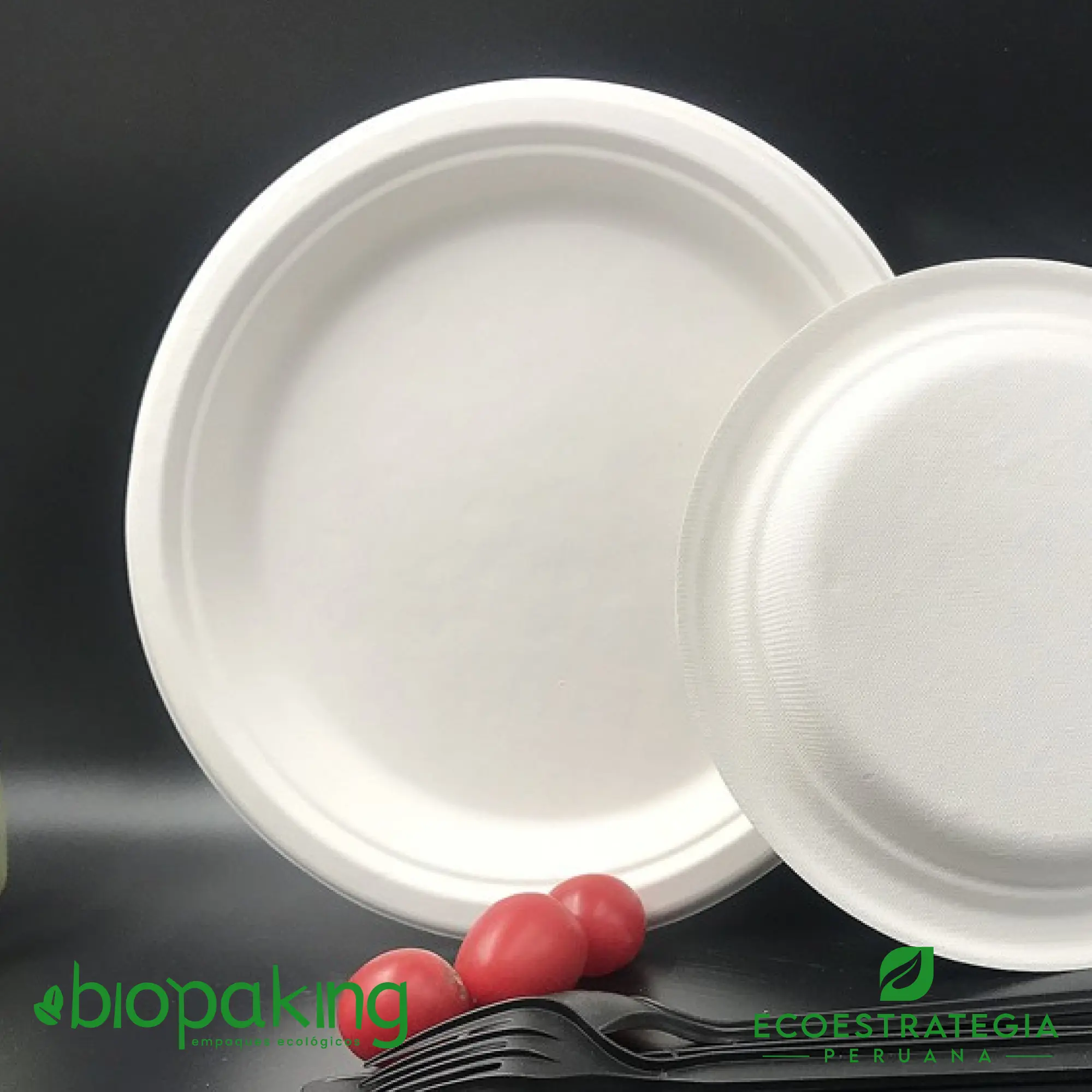 Plato biodegradable fibra de caña 22 cm Este plato de 22 cm, es un producto de materiales biodegradables, hecho a base de fibra de caña de azúcar. Cotiza envases, empaques y tapers bio para comidas