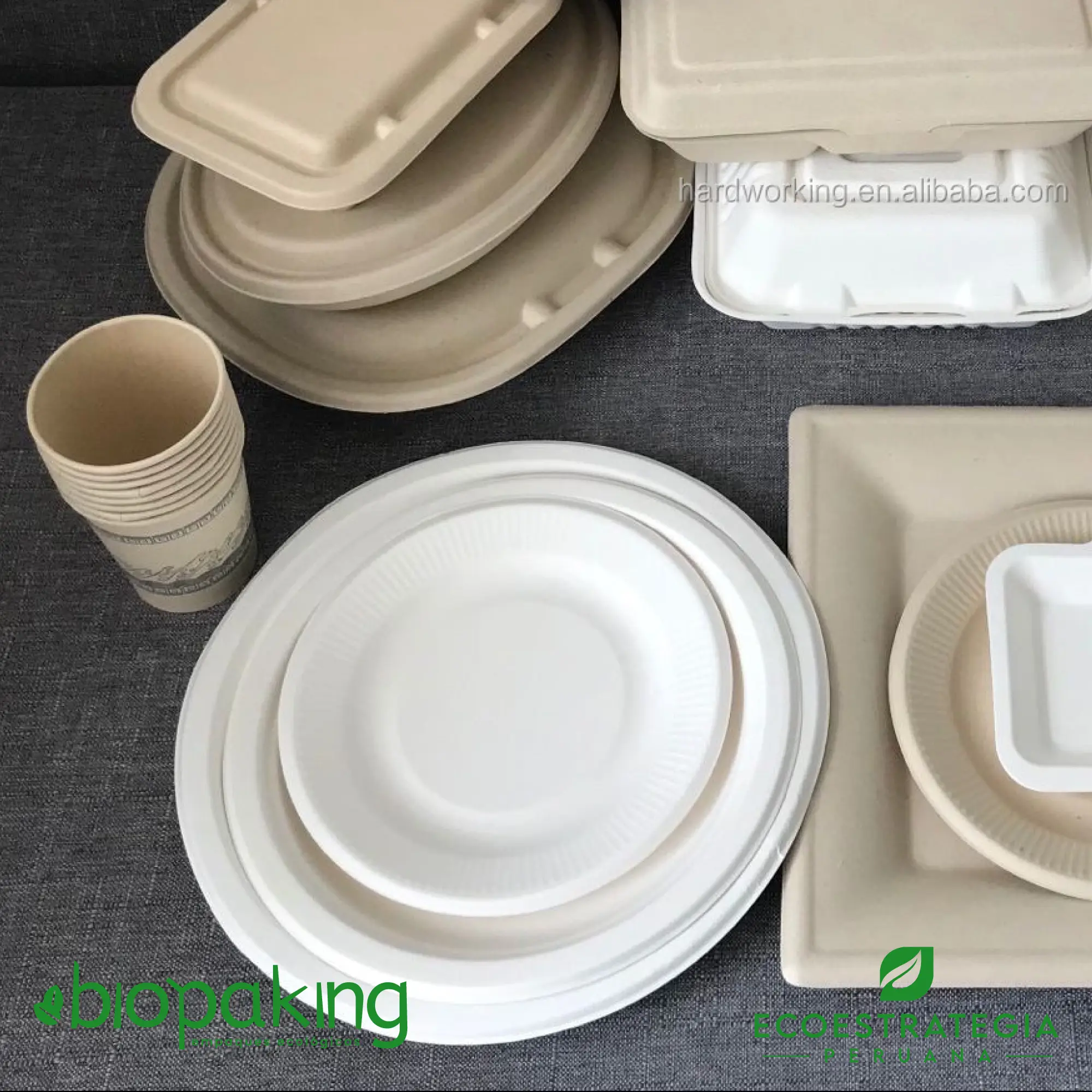 Plato biodegradable fibra de caña 22 cm Este plato de 22 cm, es un producto de materiales biodegradables, hecho a base de fibra de caña de azúcar. Cotiza envases, empaques y tapers bio para comidas