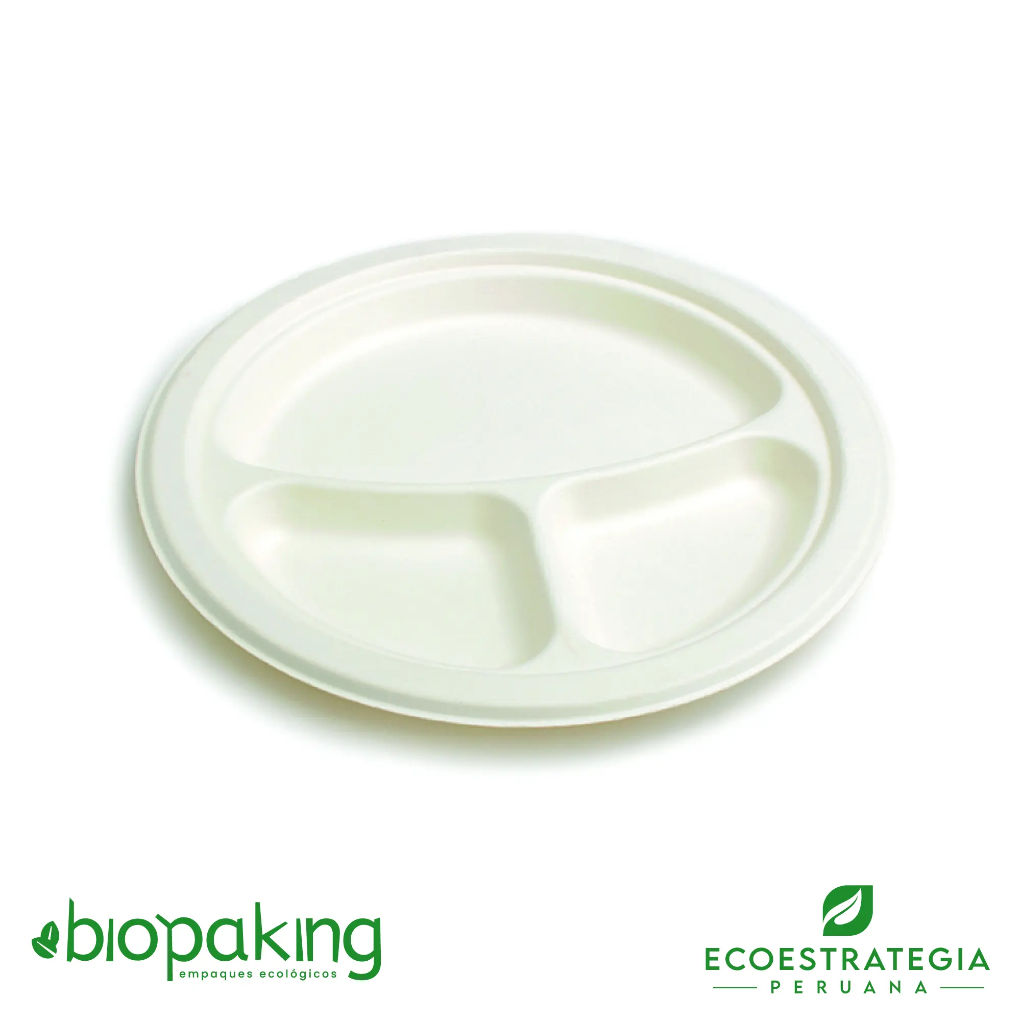 Este plato de 26 cm con division es un producto de materiales biodegradables, hecho a base de fibra de caña de azúcar. Cotiza envases, empaques y tapers bio