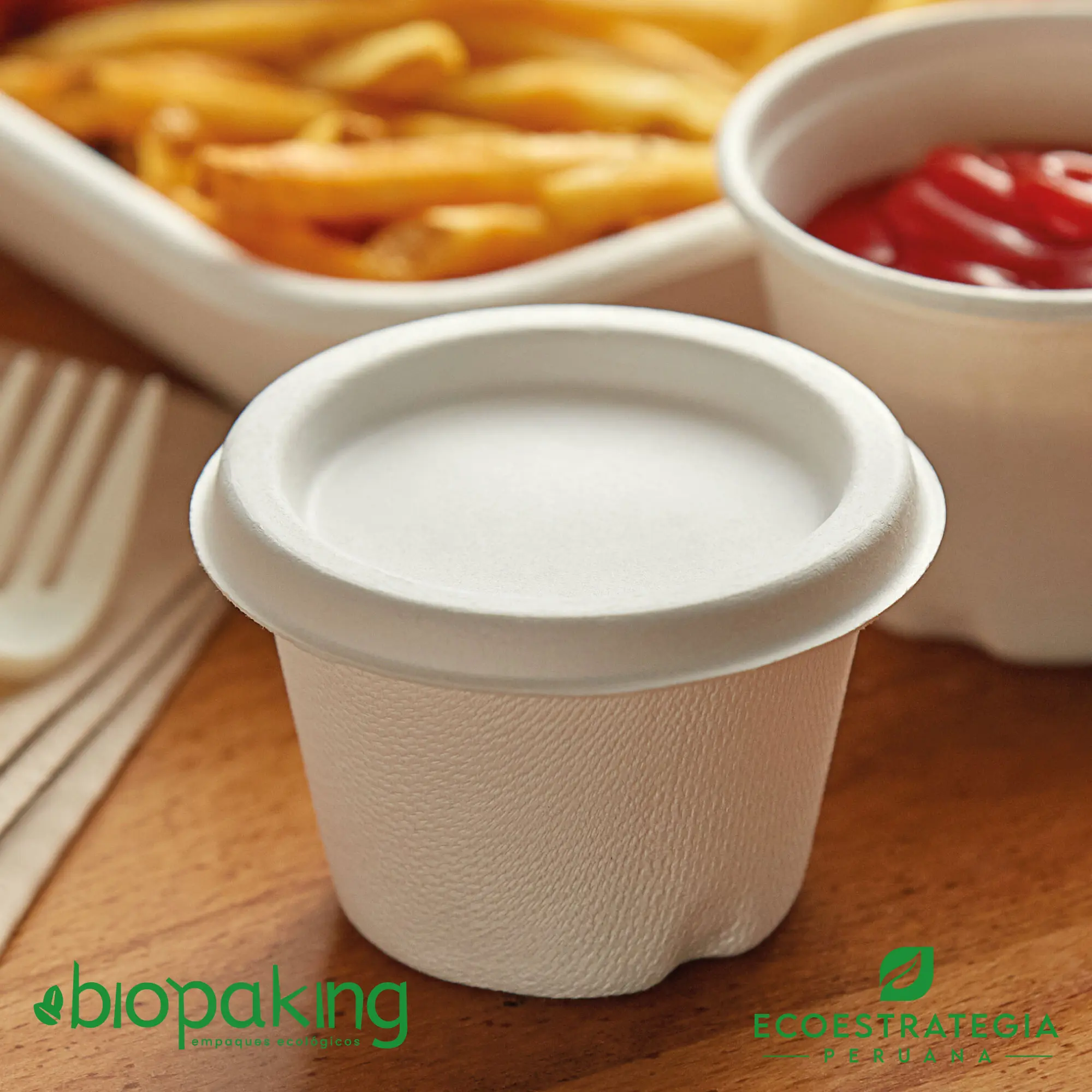 Salsero biodegradable de caña de azúcar 4 oz Este salsero de 4 oz es un producto de materiales biodegradables, hecho a base de fibra de caña de azúcar. Cotiza envases, empaques y pirotines para comidas