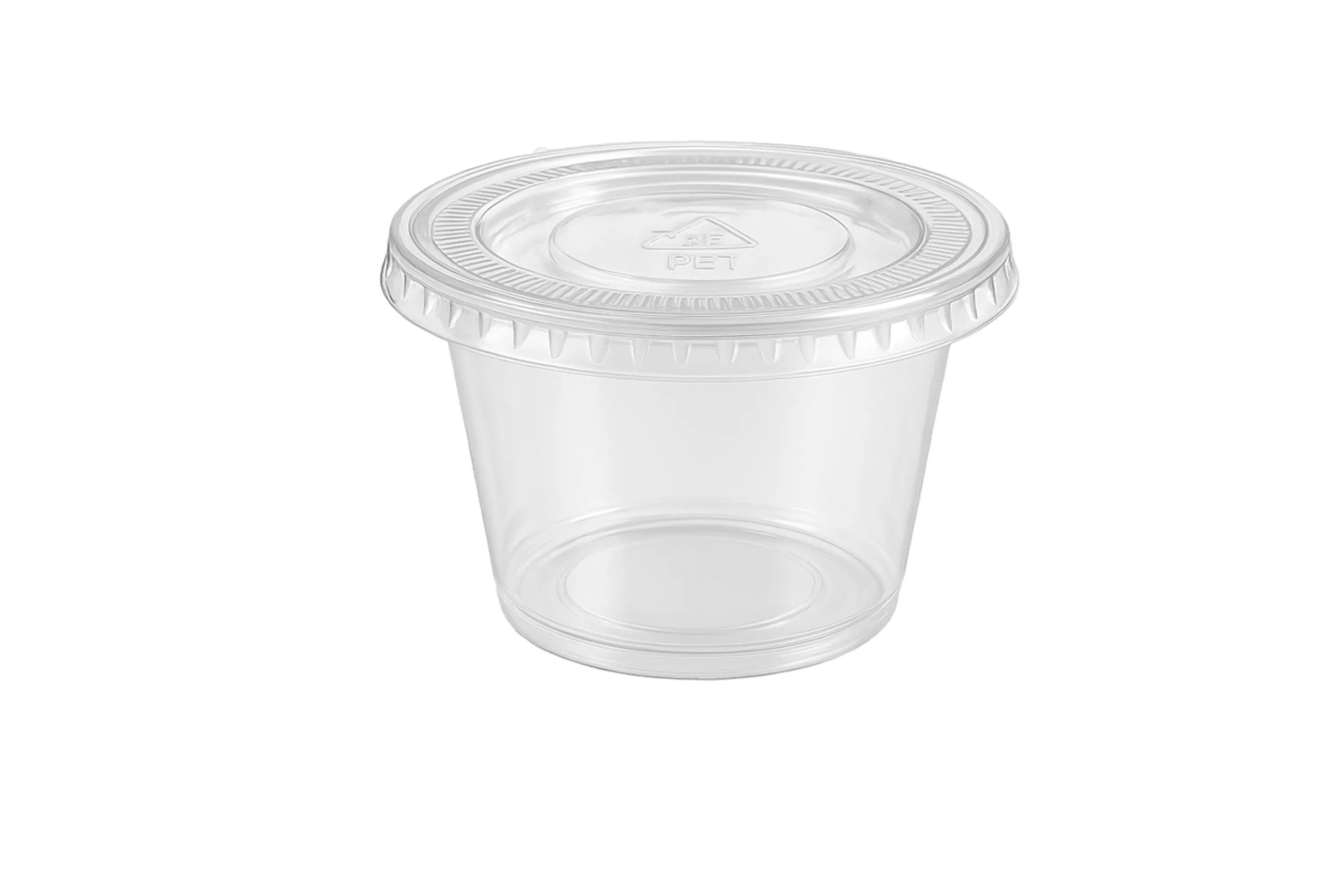 Salseros pet de 4oz con tapa hermética reciclable, ideales para restaurantes y negocios de comida rapida.