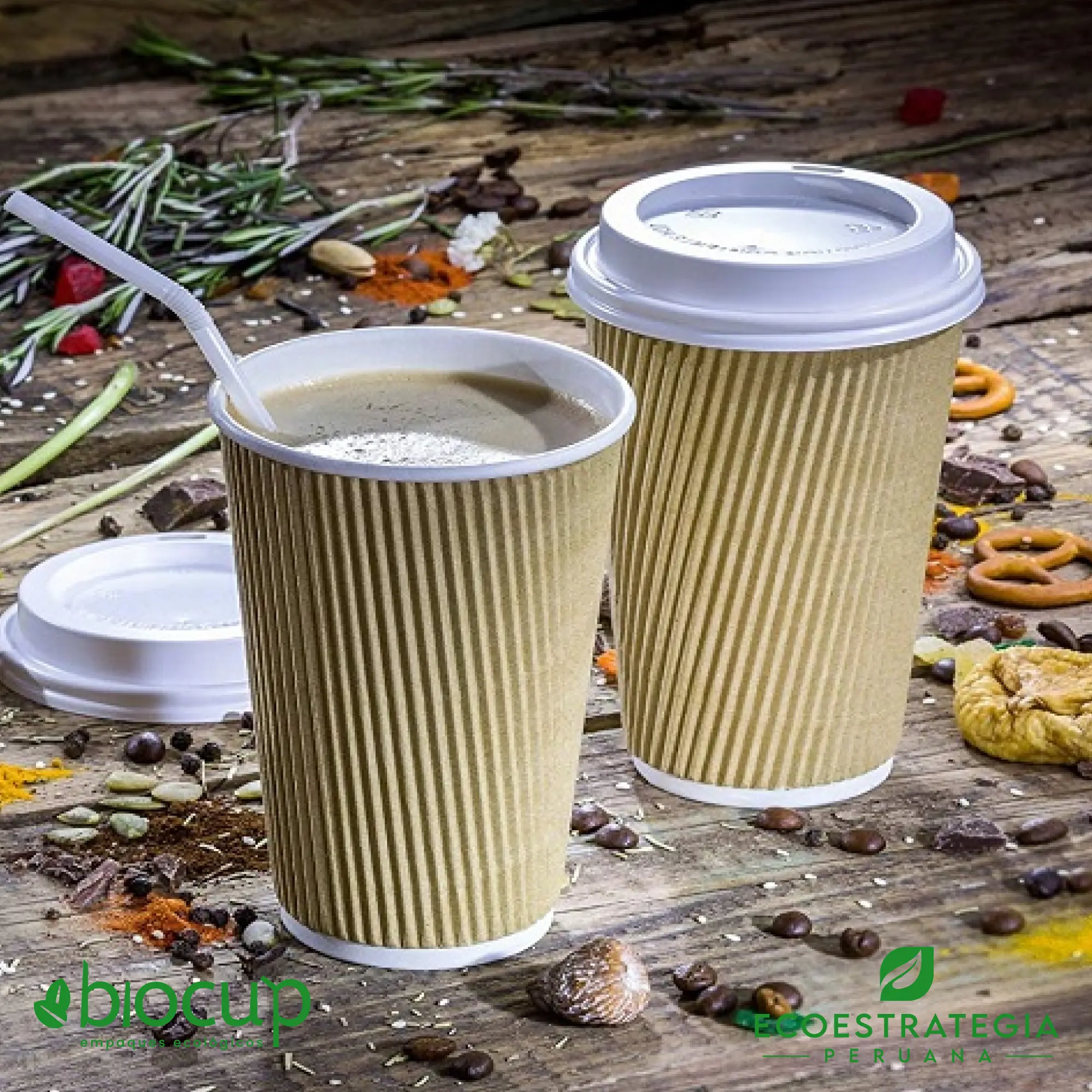 Vaso corrugado biodegradable de fibra de bambú 12 oz Este vaso corrugado de 12 oz es un producto de materiales biodegradables, hecho a base de fibra de bambú. Cotiza tus vasos para bebidas frías o calientes