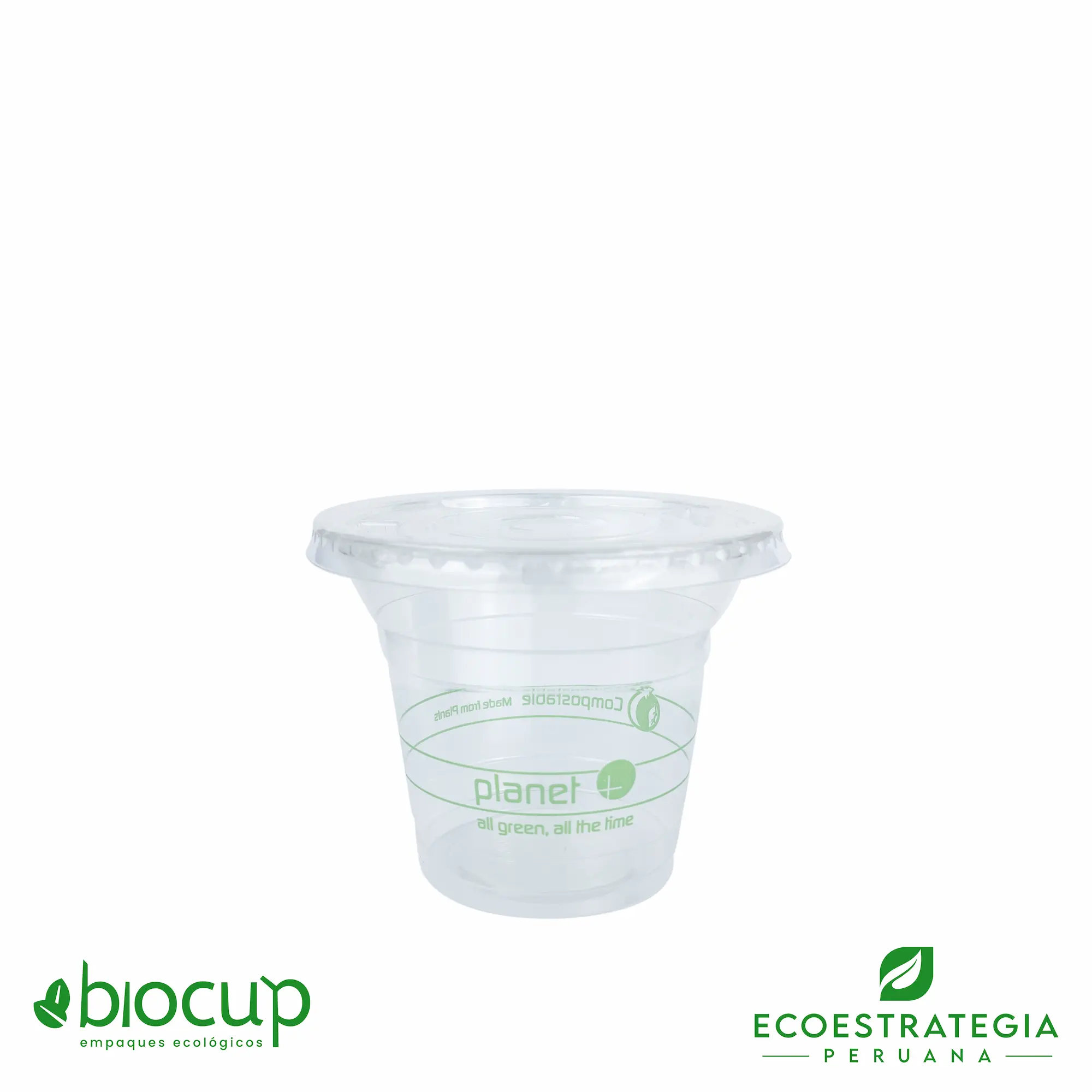 Este vaso de 9 oz con tapa plana, es un producto de materiales biodegradables, hecho a base de fecula de maíz. Cotiza tus vasos para bebidas frías o calientes